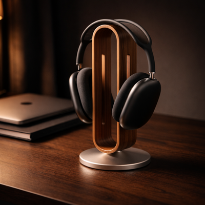 Solid walnut headphone stand with leather accent base on a focused workspace